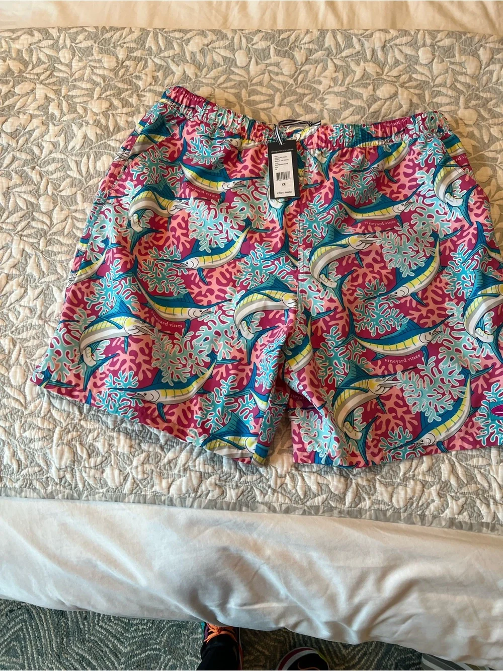 Vineyard Vines Pink Teal Marlin-Print Men’s Swim Trunks